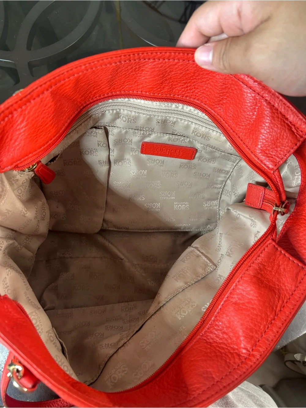 MICHAEL KORS Red Pebbled Leather Tote Bag Gold Chain Shoulder Bag MK Charm